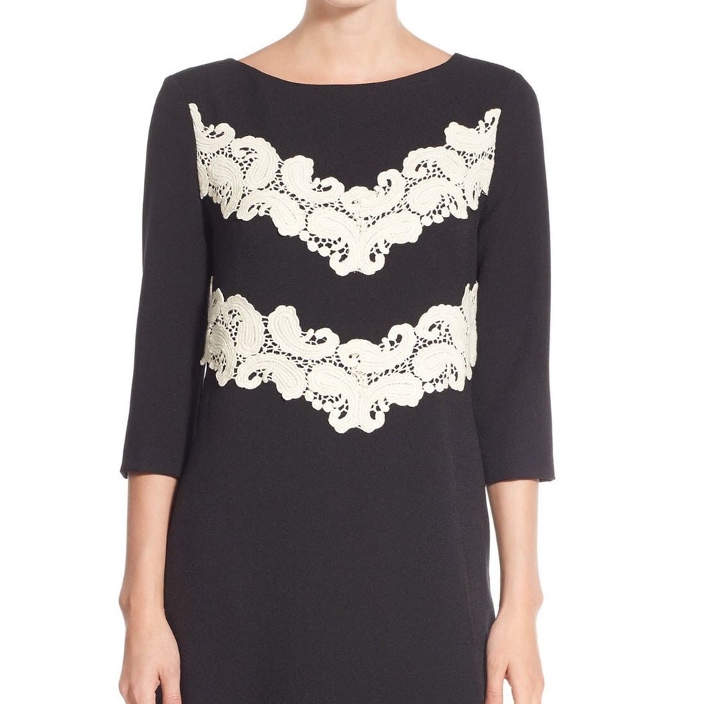Maggy London lace appliqué panel black sheath dress 8P new w/o tag